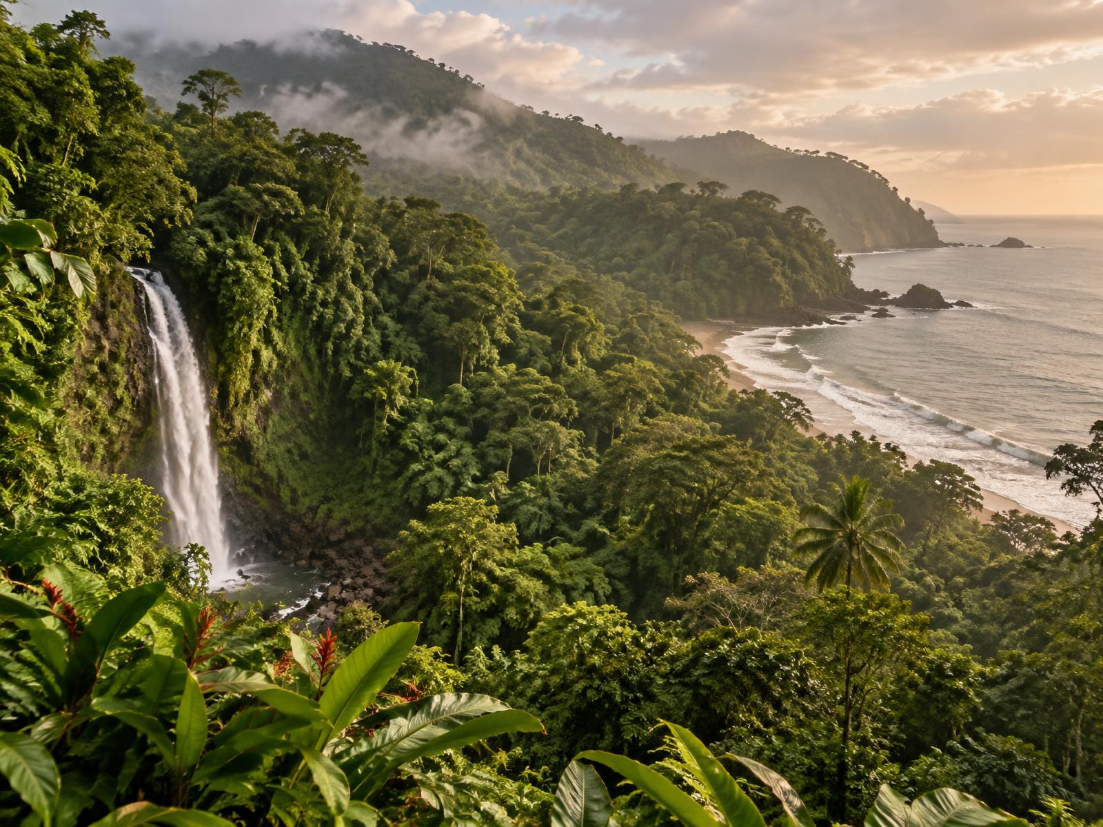 Costa Rican rainforest and a waterfall above the Pacific coastline