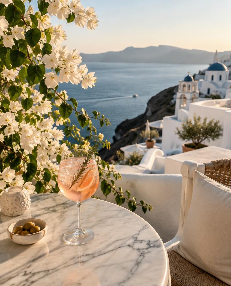 Whitewashed Greek island architecture with bougainvillea above the blue Aegean