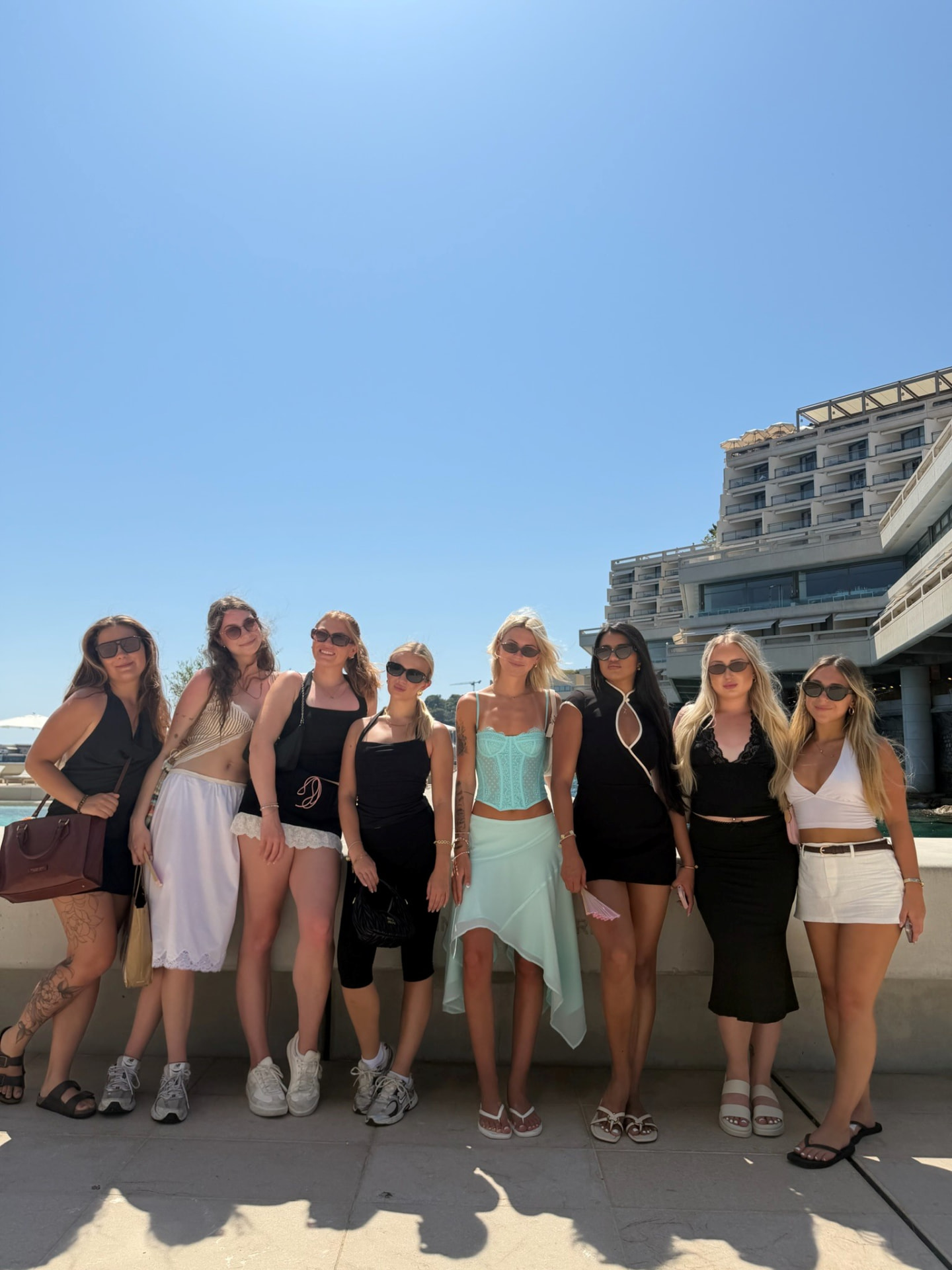 A group of friends dressed up together on a trip