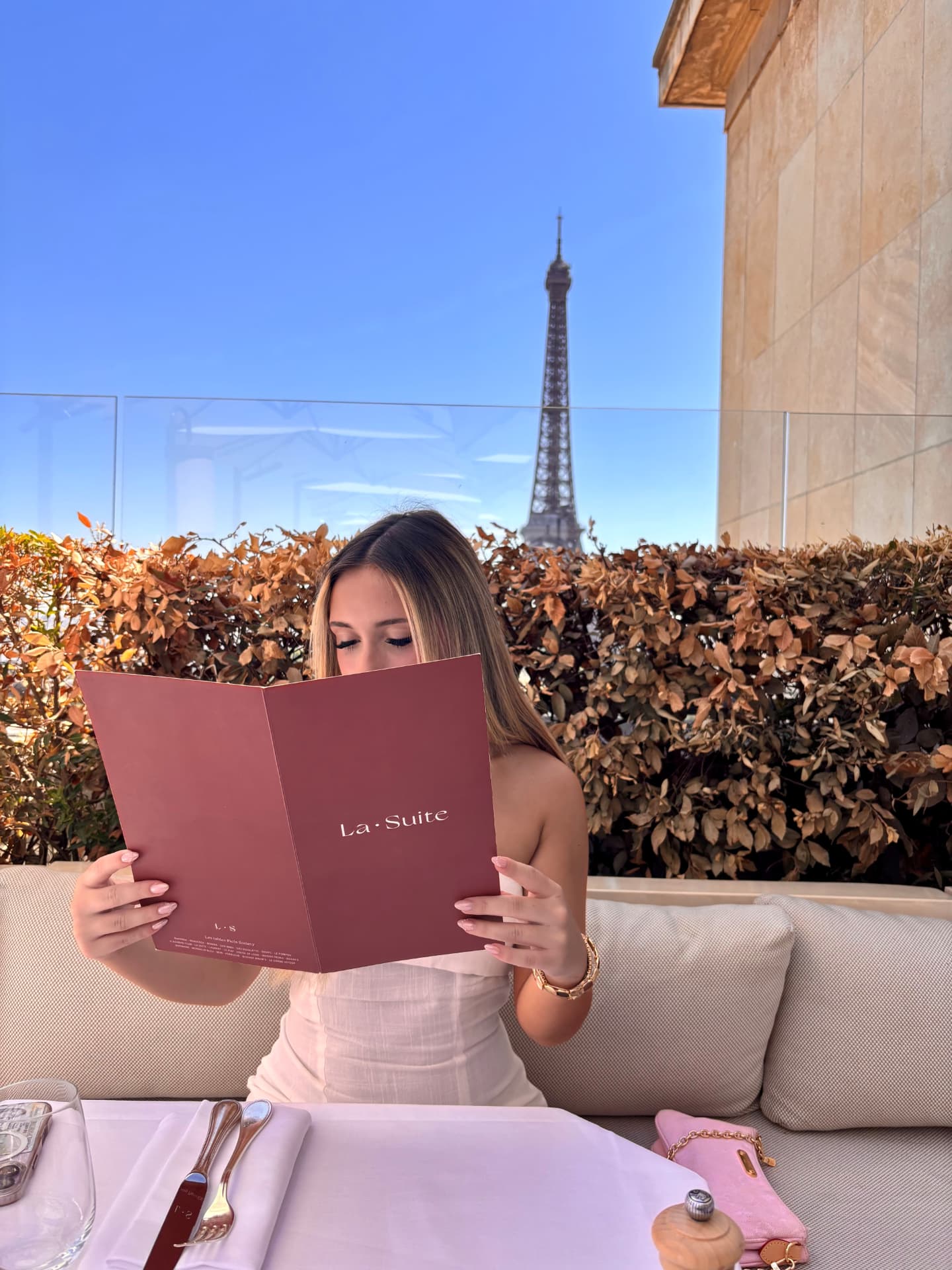 Lunch at a Paris terrace restaurant with the Eiffel Tower in the background
