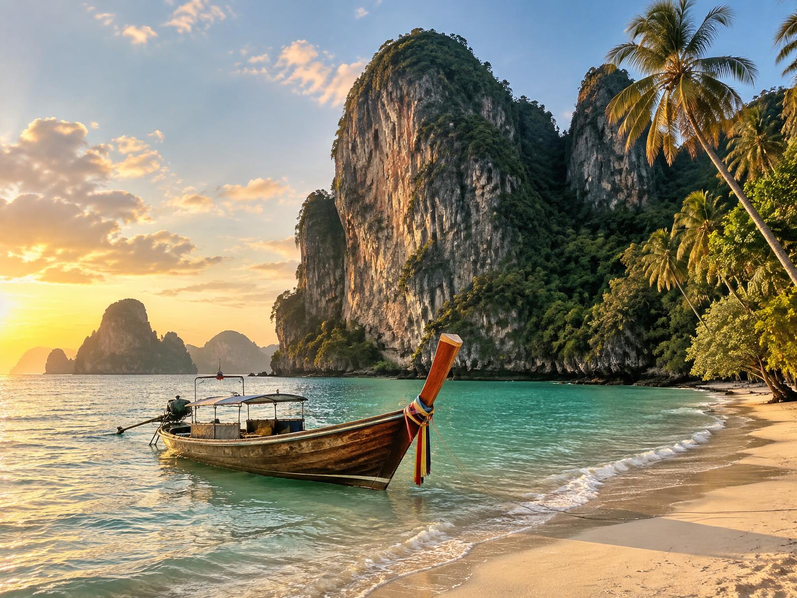 A traditional Thai long-tail boat moored on a turquoise island beach beneath limestone cliffs