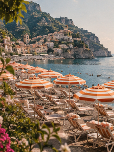 Orange-and-white striped beach umbrellas on the Amalfi Coast